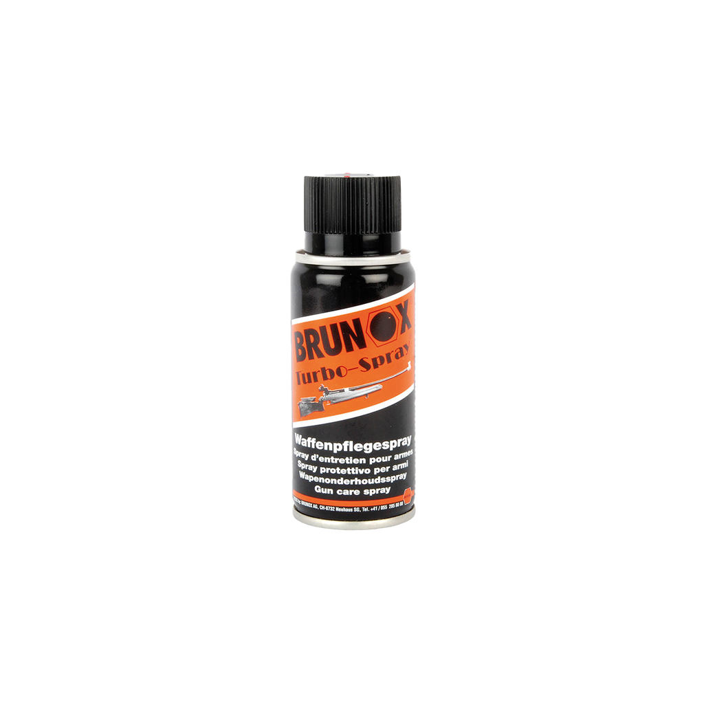 Brunox Turbo Spray 100ml gun care spray can with orange and black rifle label, front view