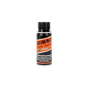 Brunox Turbo Spray 100ml gun care spray can with orange and black rifle label, front view