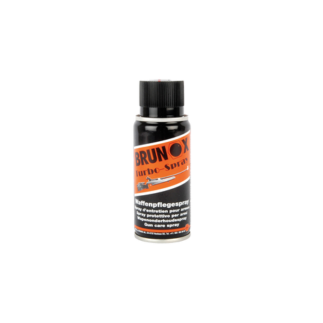 Brunox Turbo Spray 100ml gun care spray can with orange and black rifle label, front view