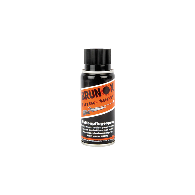 Brunox Turbo Spray 100ml gun care spray can with orange and black rifle label, front view