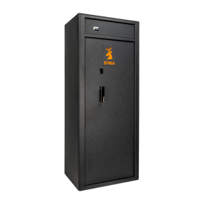 Spika S4 base range 15-gun safe, Category A/B, black with orange logo, three-quarter view