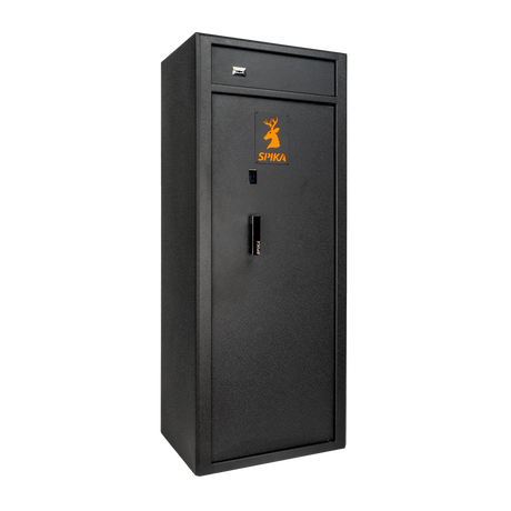Spika S4 base range 15-gun safe, Category A/B, black with orange logo, three-quarter view