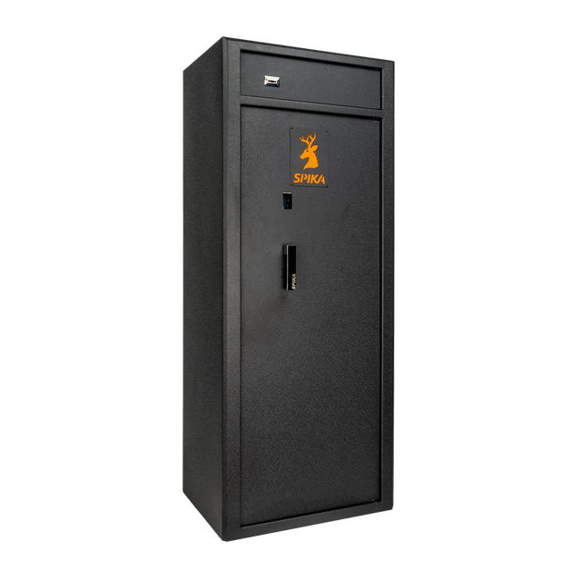 Spika S4 base range 15-gun safe, Category A/B, black with orange logo, three-quarter view