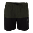 Spika Mako youth shorts in Olive/Black, front view with drawcord elastic waist and colour-block panels