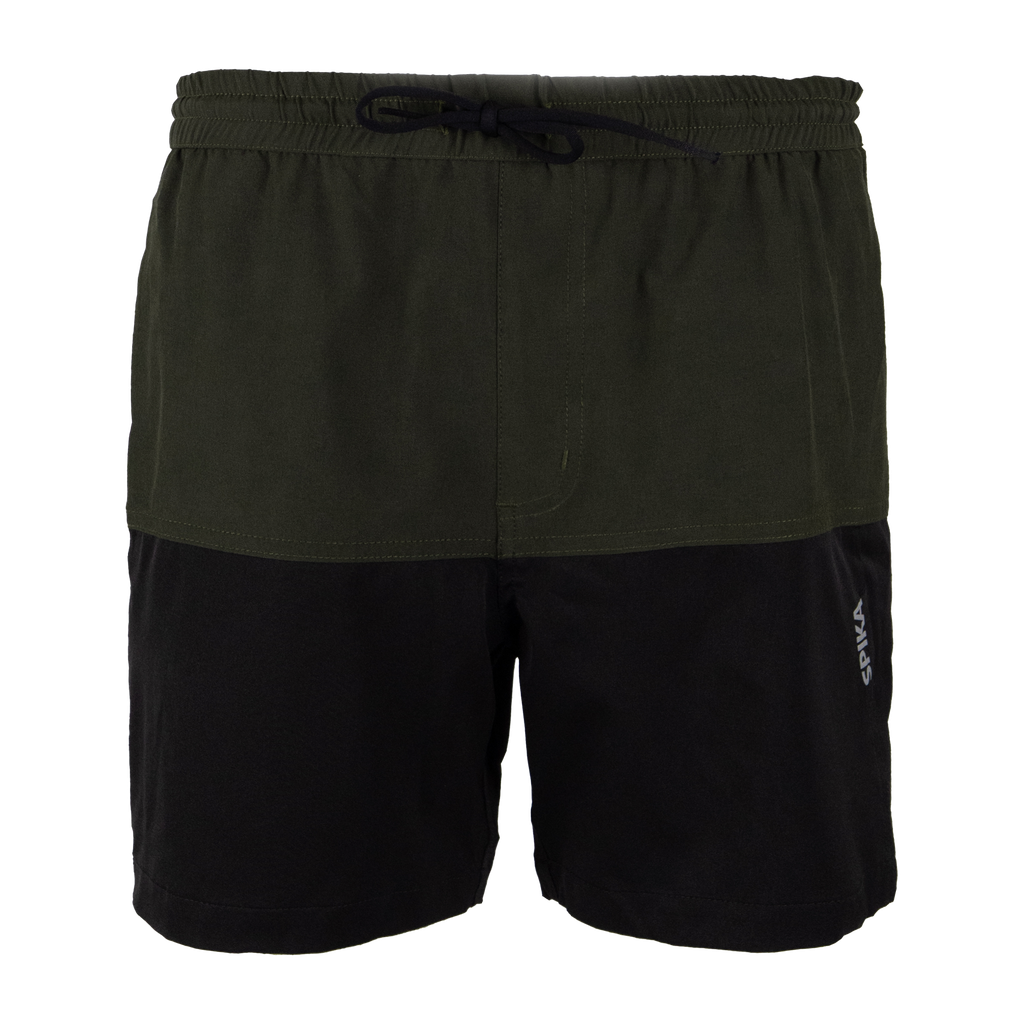 Spika Mako youth shorts in Olive/Black, front view with drawcord elastic waist and colour-block panels
