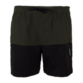 Spika Mako youth shorts in Olive/Black, front view with drawcord elastic waist and colour-block panels
