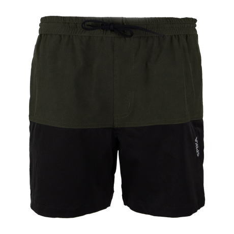 Spika Mako youth shorts in Olive/Black, front view with drawcord elastic waist and colour-block panels