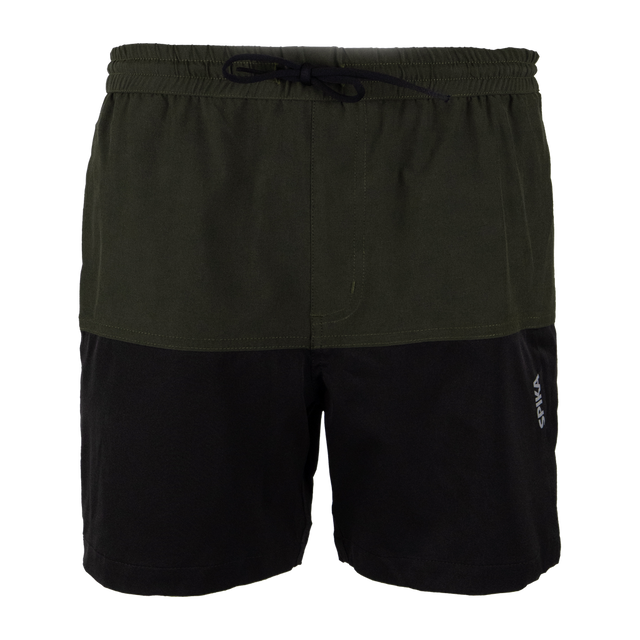 Spika Mako youth shorts in Olive/Black, front view with drawcord elastic waist and colour-block panels