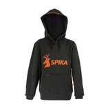 Spika GO Classic boys' hoodie in black, front view with orange stag SPIKA logo and kangaroo pocket
