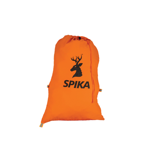 Spika Drover small meat bag in blaze orange with drawstring closure and Spika stag logo, filled