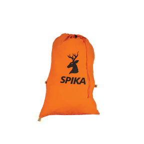 Spika Drover small meat bag in blaze orange with drawstring closure and Spika stag logo, filled