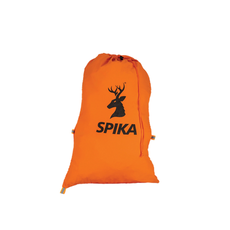 Spika Drover small meat bag in blaze orange with drawstring closure and Spika stag logo, filled