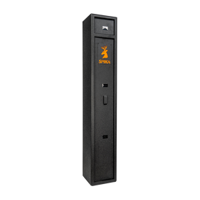 Spika S1 small 4-gun safe, Category A/B, in black with orange logo, front three-quarter view
