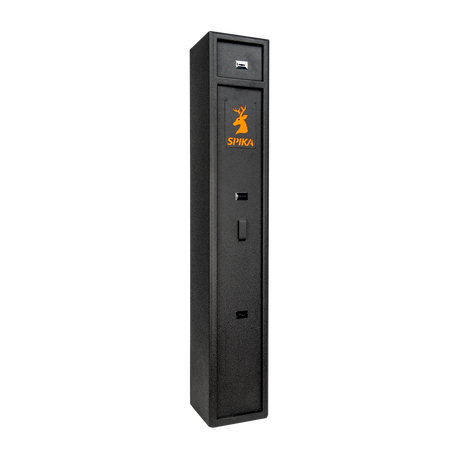 Spika S1 small 4-gun safe, Category A/B, in black with orange logo, front three-quarter view