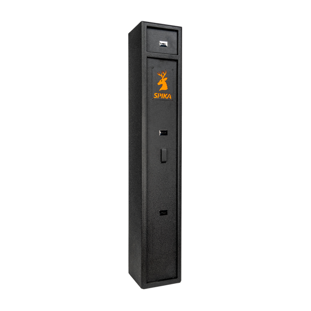Spika S1 small 4-gun safe, Category A/B, in black with orange logo, front three-quarter view