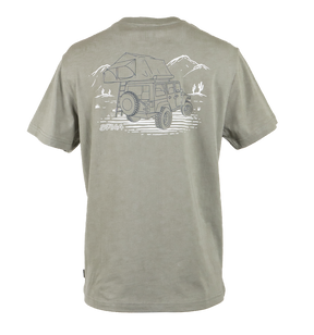 Spika Offgrid women's t-shirt in Spearmint, back view with 4WD rooftop tent camping graphic