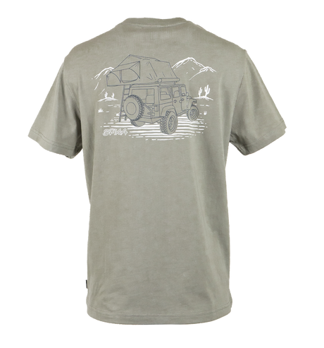 Spika Offgrid women's t-shirt in Spearmint, back view with 4WD rooftop tent camping graphic