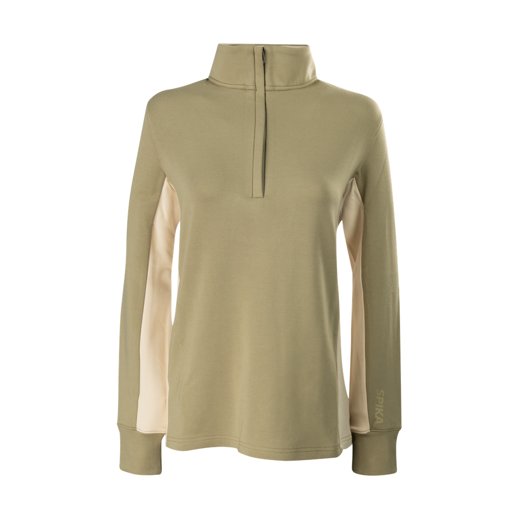 Spika GO AVP women's half-zip top in olive, front view with contrast cream side panels