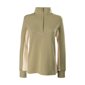 Spika GO AVP women's half-zip top in olive, front view with contrast cream side panels