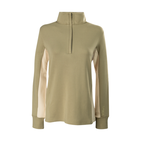 Spika GO AVP women's half-zip top in olive, front view with contrast cream side panels