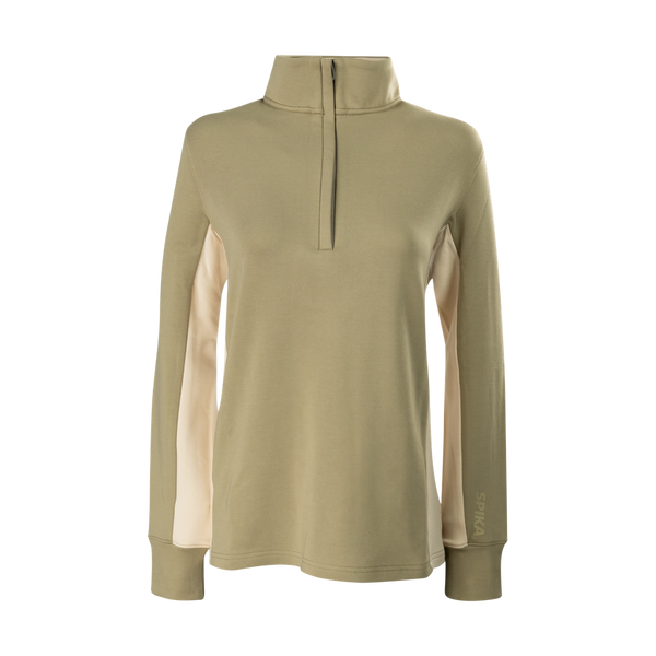 Spika GO AVP women's half-zip top in olive, front view with contrast cream side panels