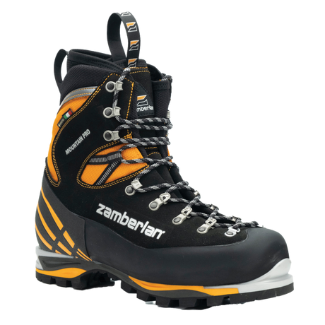 Zamberlan 2090 Mountain Pro Evo GTX men's mountaineering boot in black and orange, three-quarter front view
