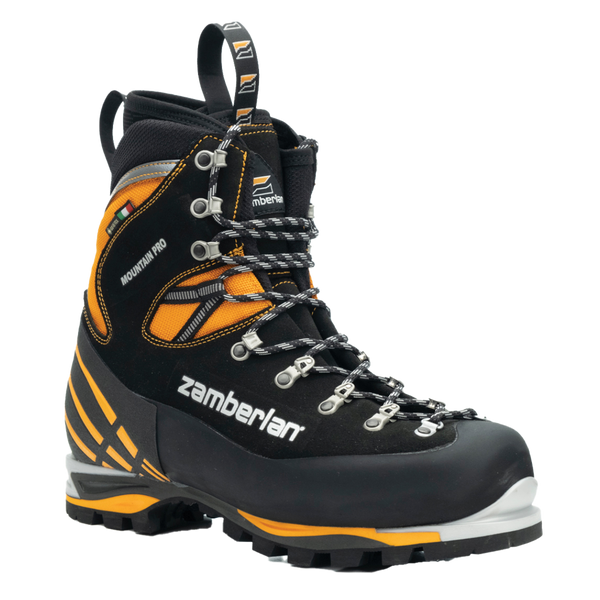 Zamberlan 2090 Mountain Pro Evo GTX men's mountaineering boot in black and orange, three-quarter front view