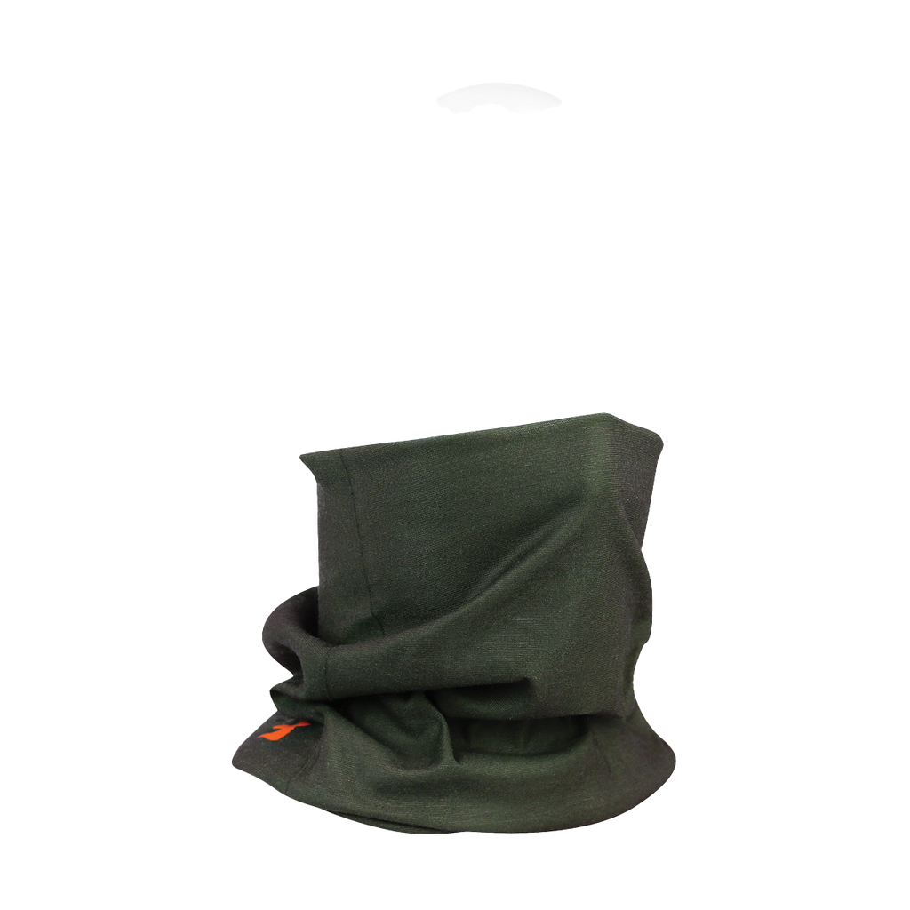 Spika Revolution adult neck gaiter in Olive shown on a mannequin bunched at the neck