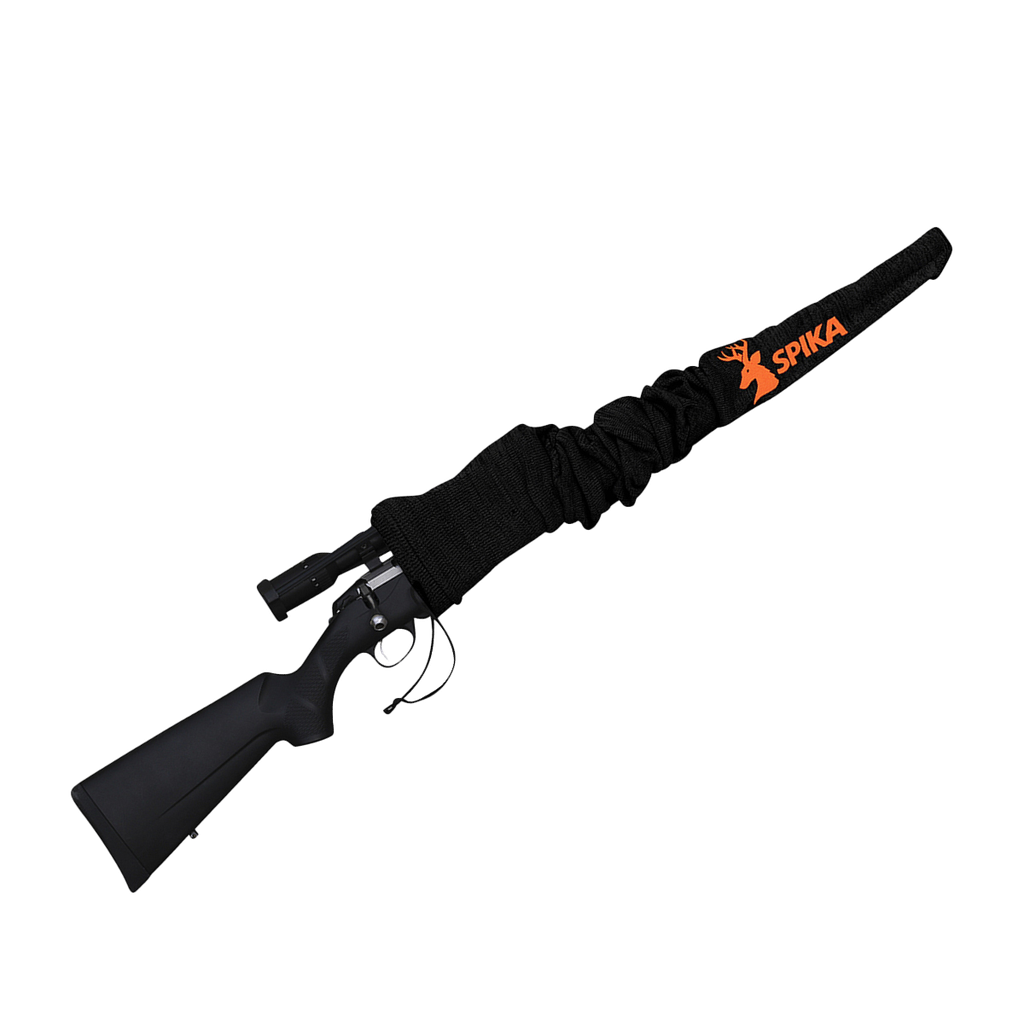 Spika gun sock in black with orange Spika logo fitted over a scoped rifle
