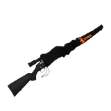 Spika gun sock in black with orange Spika logo fitted over a scoped rifle
