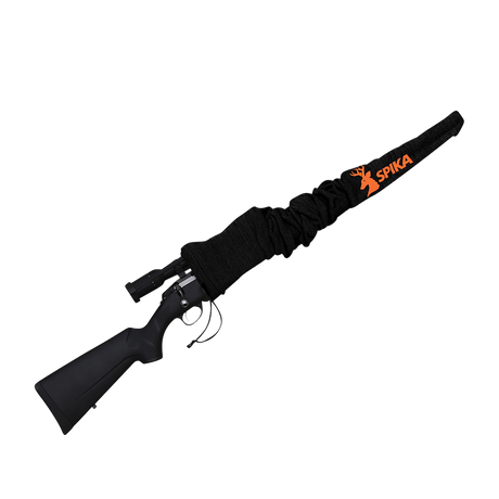 Spika gun sock in black with orange Spika logo fitted over a scoped rifle