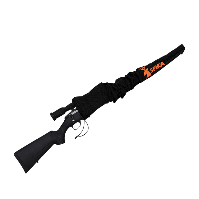 Spika gun sock in black with orange Spika logo fitted over a scoped rifle