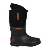 Spika Bruzer women's gumboot in black with tall neoprene upper and orange Spika tag, side view