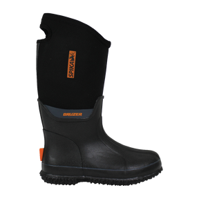 Spika Bruzer women's gumboot in black with tall neoprene upper and orange Spika tag, side view