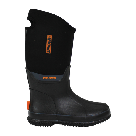 Spika Bruzer women's gumboot in black with tall neoprene upper and orange Spika tag, side view