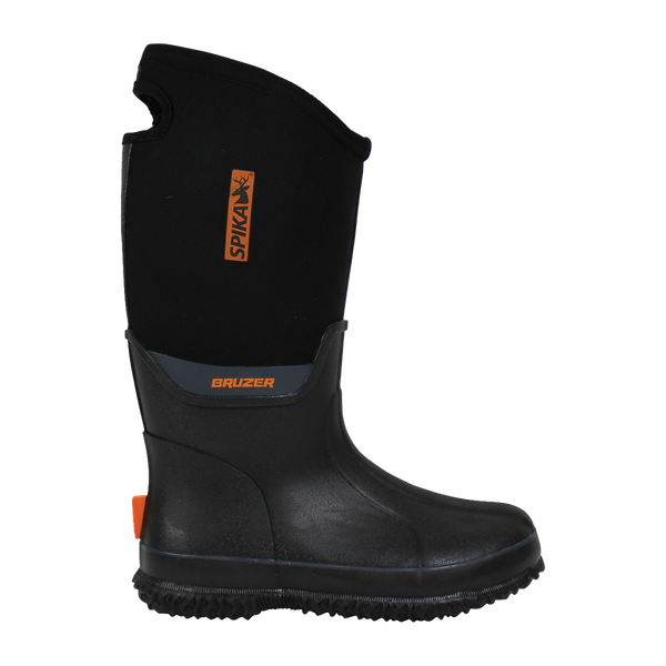 Spika Bruzer women's gumboot in black with tall neoprene upper and orange Spika tag, side view