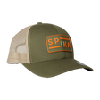 Spika Urban Waypoint trucker cap in Olive/Tan, three-quarter view with orange SPIKA patch