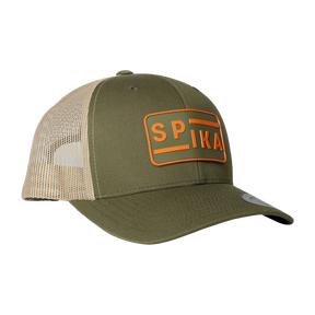 Spika Urban Waypoint trucker cap in Olive/Tan, three-quarter view with orange SPIKA patch