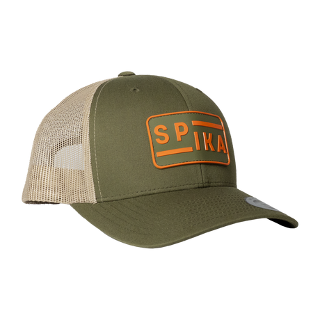 Spika Urban Waypoint trucker cap in Olive/Tan, three-quarter view with orange SPIKA patch