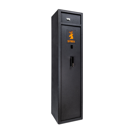 Spika S2 medium 8-gun safe, Category A/B, black with orange logo, front three-quarter view