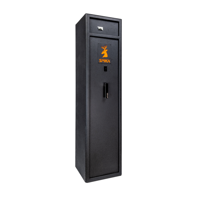 Spika S2 medium 8-gun safe, Category A/B, black with orange logo, front three-quarter view