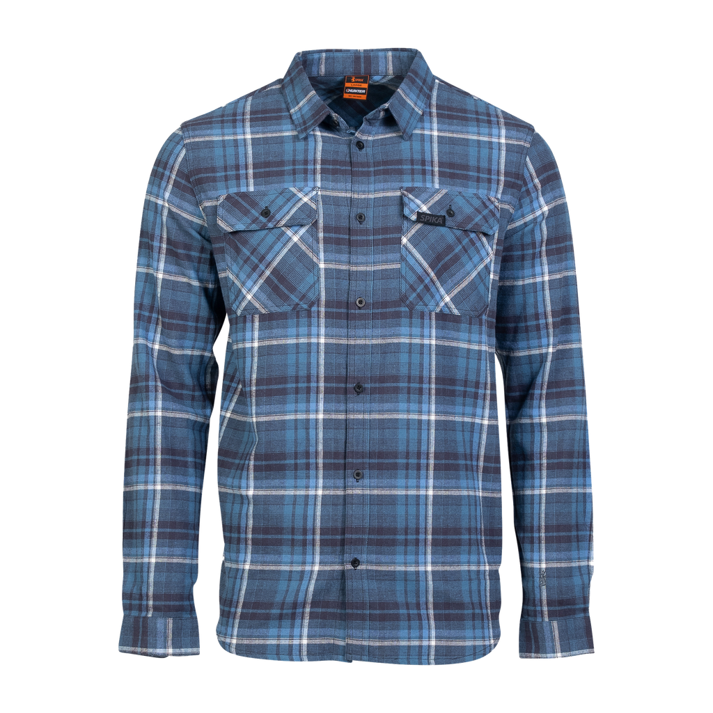 Spika men's flannel check shirt in Blue/Black plaid with twin flap chest pockets, front view