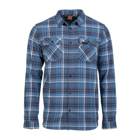 Spika men's flannel check shirt in Blue/Black plaid with twin flap chest pockets, front view