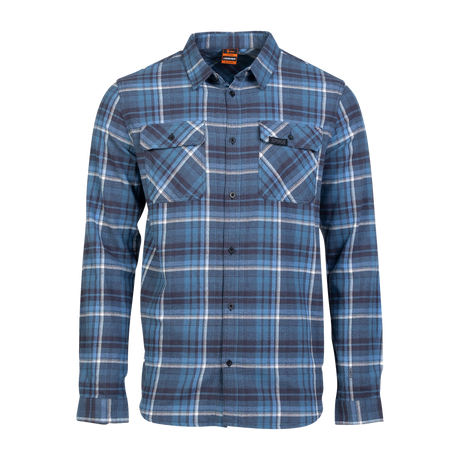 Spika men's flannel check shirt in Blue/Black plaid with twin flap chest pockets, front view
