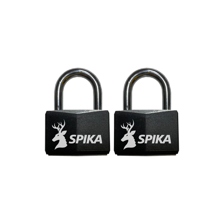 Spika P20 padlocks, two black padlocks with steel shackles and white Spika logo
