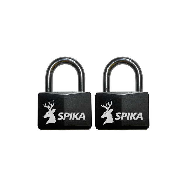 Spika P20 padlocks, two black padlocks with steel shackles and white Spika logo