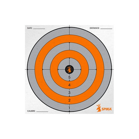 Spika paper shooting target with orange and grey scoring rings and date, distance and calibre fields