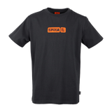 Spika Etched youth t-shirt in Graphite with orange Spika box logo on the chest, front view