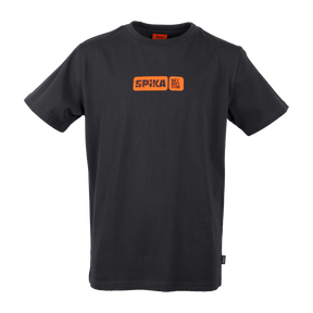Spika Etched youth t-shirt in Graphite with orange Spika box logo on the chest, front view