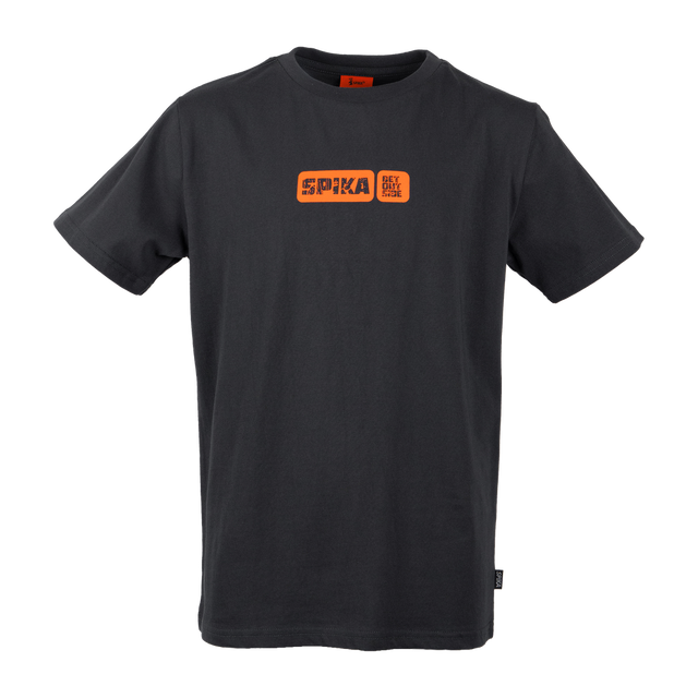 Spika Etched youth t-shirt in Graphite with orange Spika box logo on the chest, front view